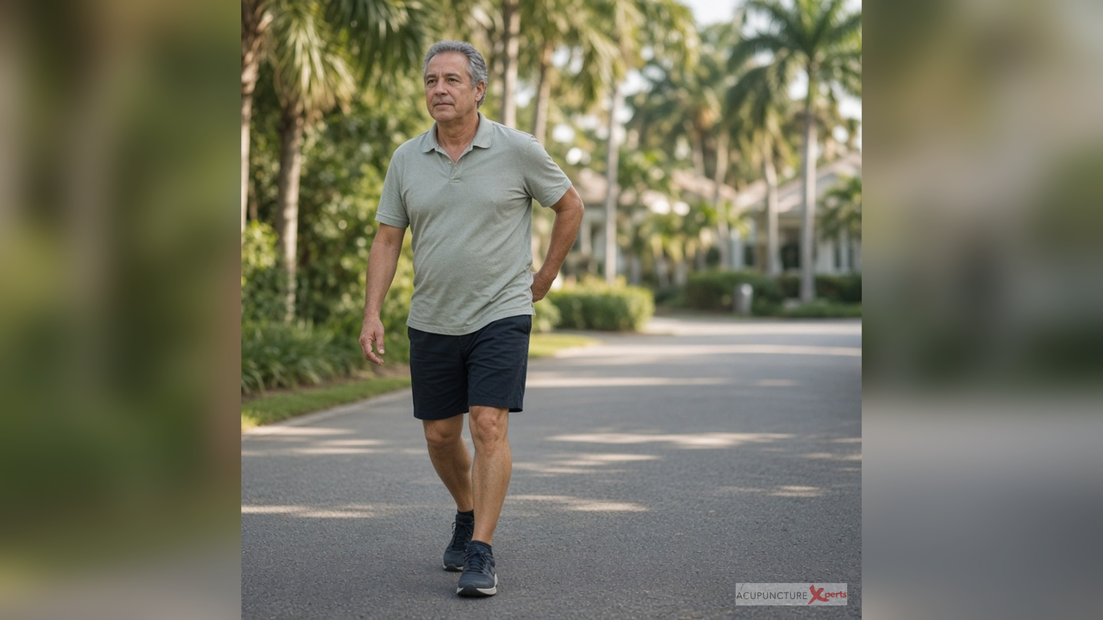 Guarded mid-walk on a quiet Boca neighborhood path, hand near low back–hip — outdoor session-expectations hero for back pain and sciatica
