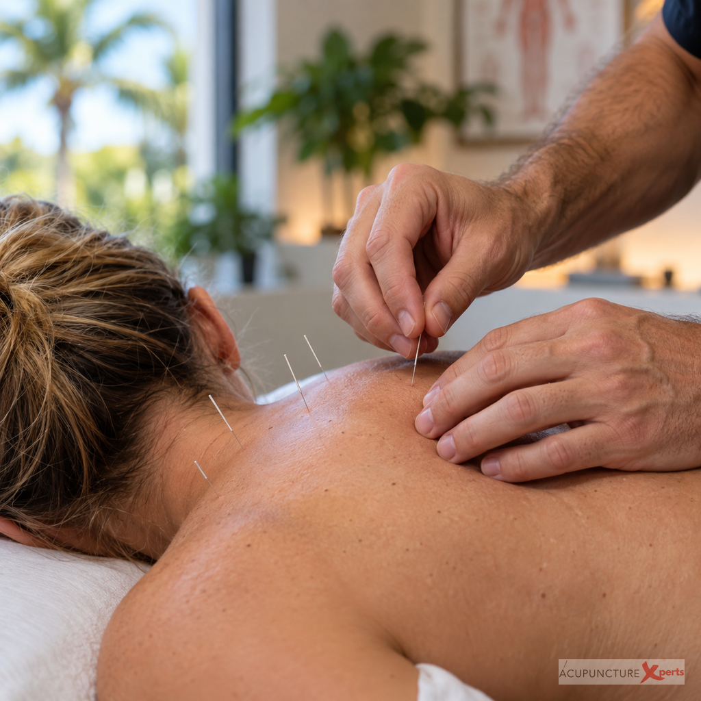 Dry needling treatment close-up at Acupuncture Xperts in Boca Raton — clinician hands placing fine needles in the upper back