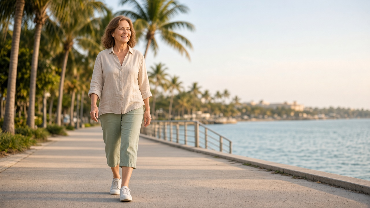 Smiling woman walking comfortably on a palm-lined waterfront path in Boca Raton morning light.
