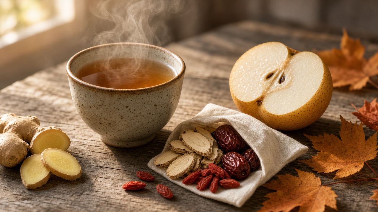 Warm cup of herbal tea with ginger, dried herbs and autumn leaves on a wooden table