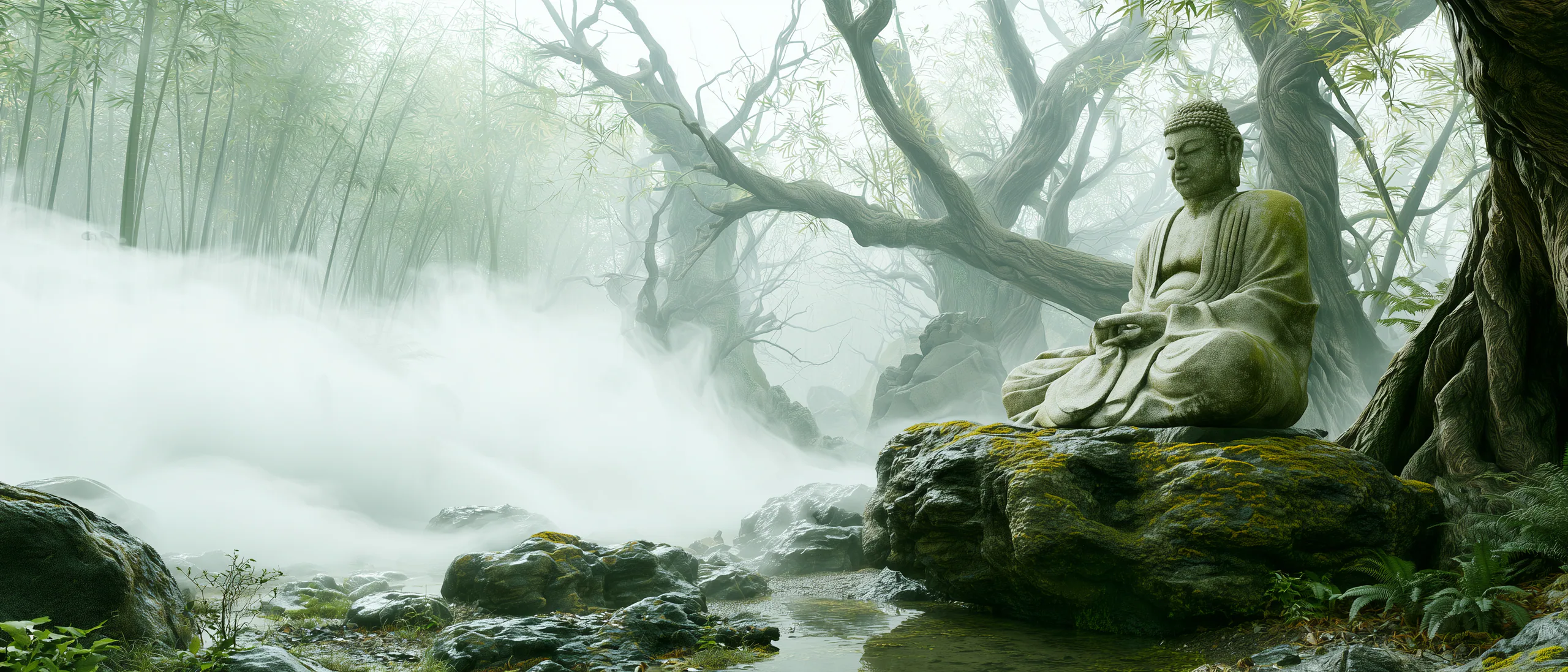 A weathered stone Buddha meditating in a quiet misty woodland