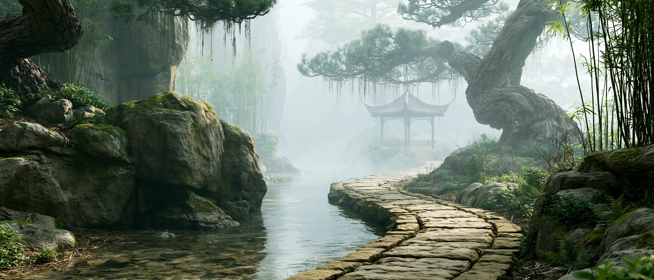 A misty Chinese scholar's garden with an ancient stone path leading to a quiet pavilion