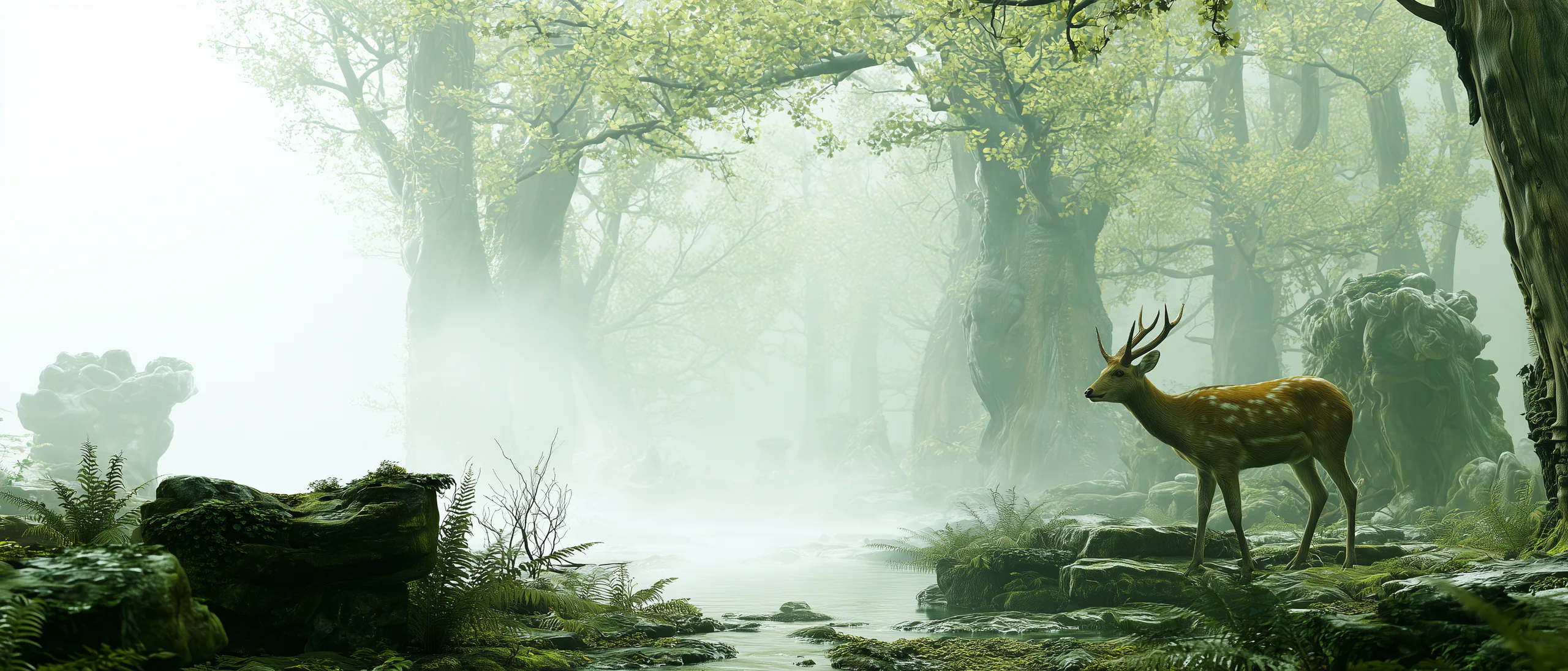 A peaceful sika deer standing in a misty ancient forest
