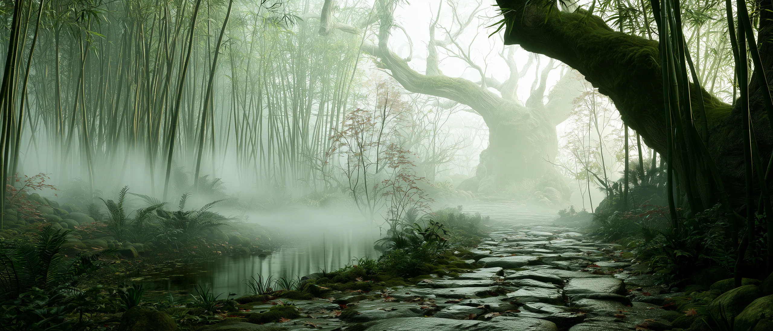 A tranquil stone path winding through a misty bamboo woodland