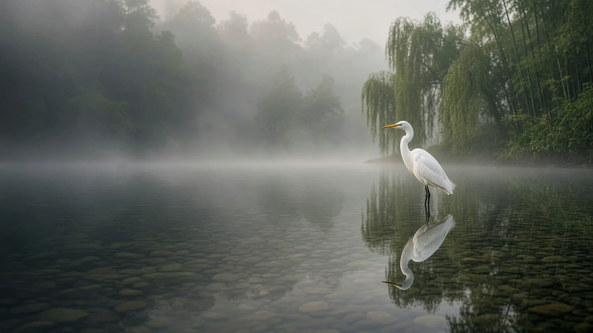 A white egret standing in still, clear water at dawn