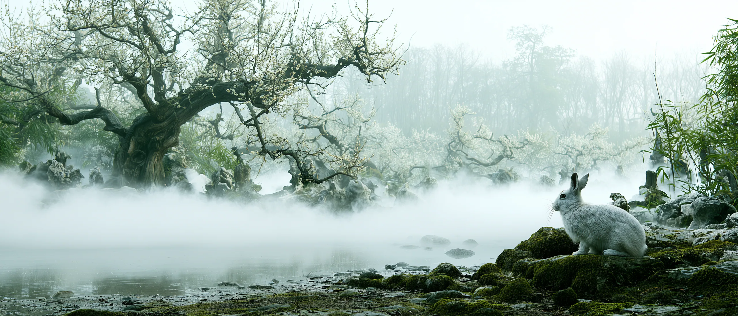 A silver-gray rabbit beside a misty flowering garden pond