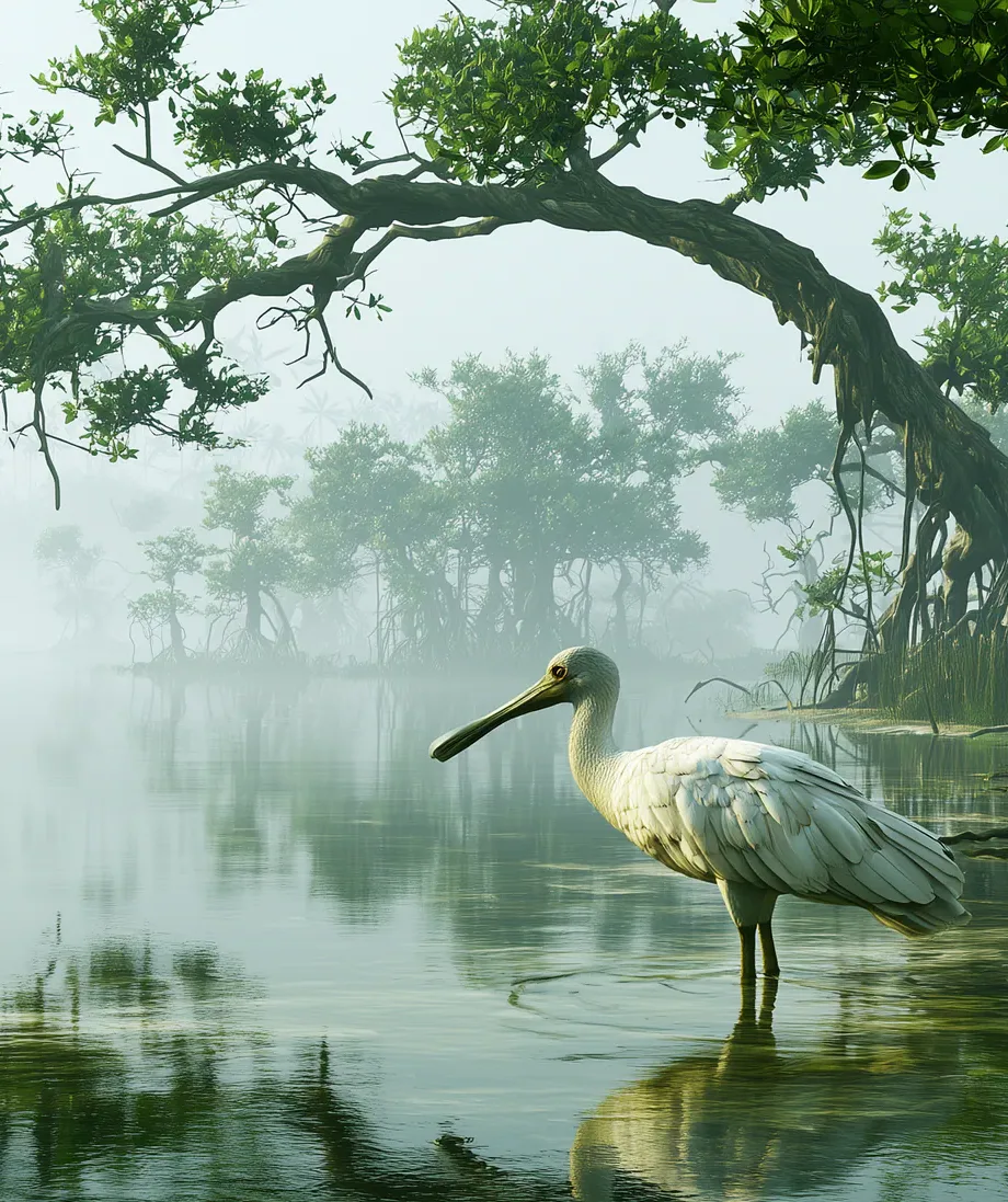 A roseate spoonbill in a misty South Florida mangrove lagoon