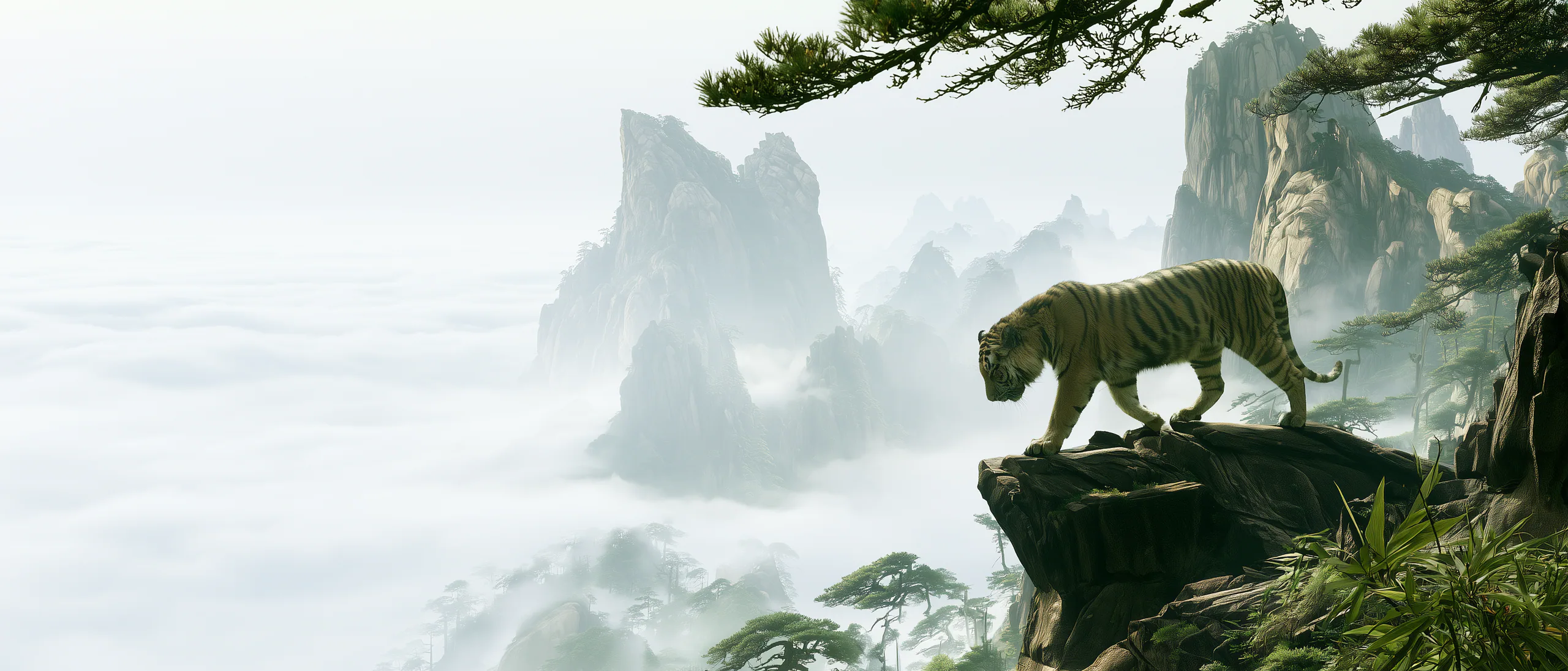 A calm tiger overlooking misty Chinese mountain peaks