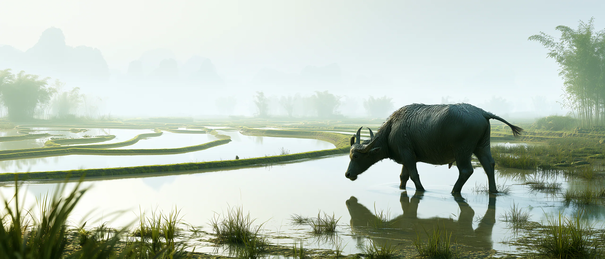 A water buffalo standing quietly in misty rice terraces