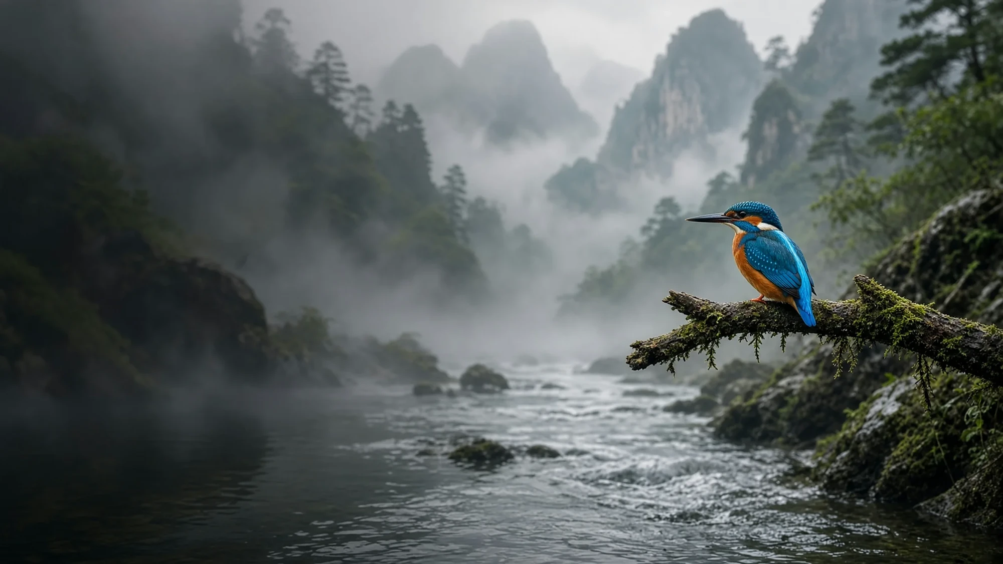 A kingfisher on a mossy branch above a misty mountain stream