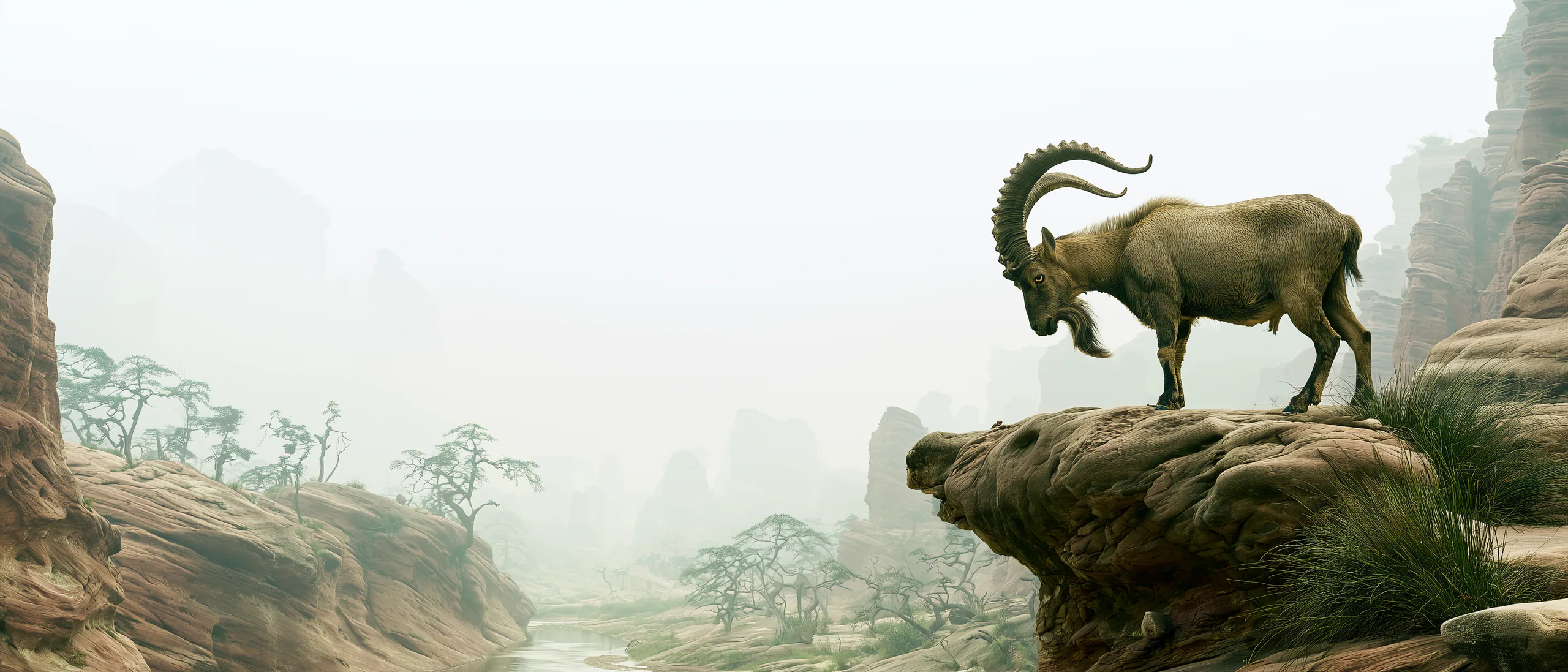 A mountain goat standing above a misty sandstone gorge