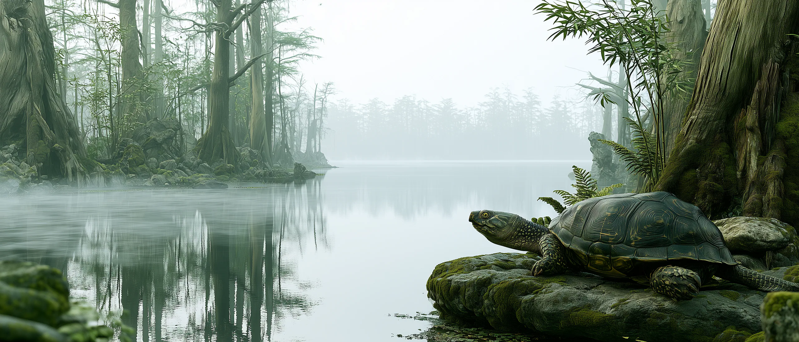 A long-lived tortoise beside a tranquil misty cypress lake