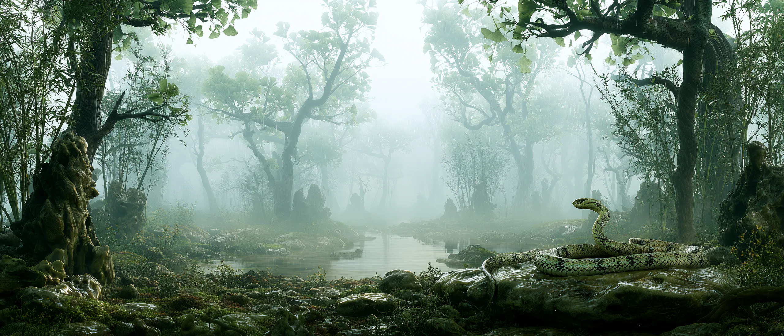 A calm jade-green snake resting in a misty medicinal forest