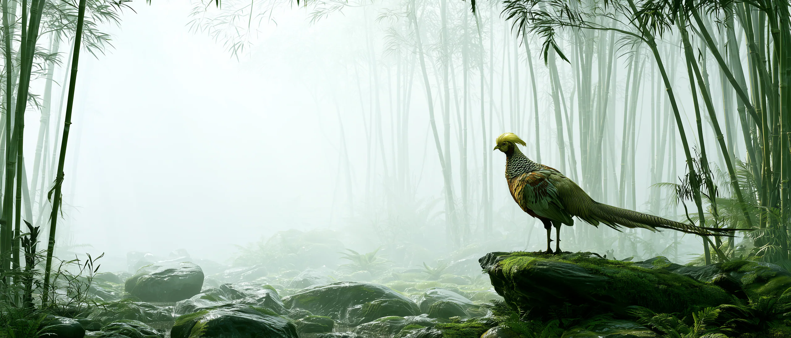 A golden pheasant standing in a luminous misty bamboo forest