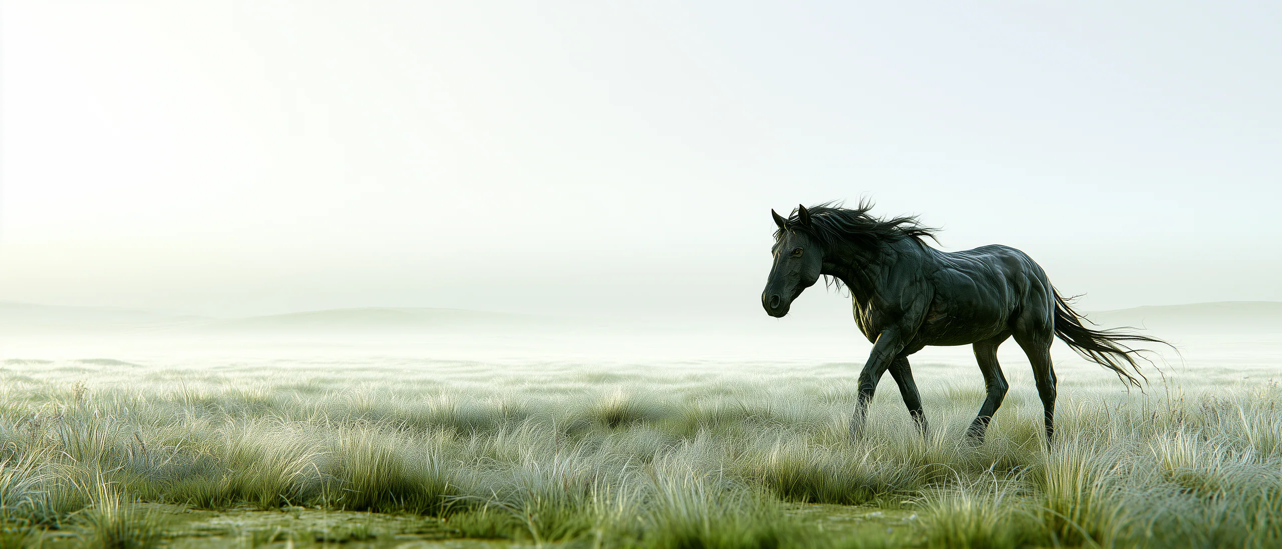 A dark horse walking through a quiet mist-covered grassland