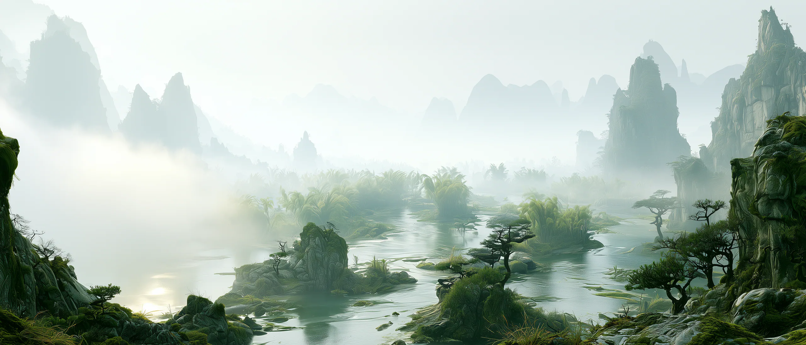 Misty mountain streams converging through a tranquil green valley