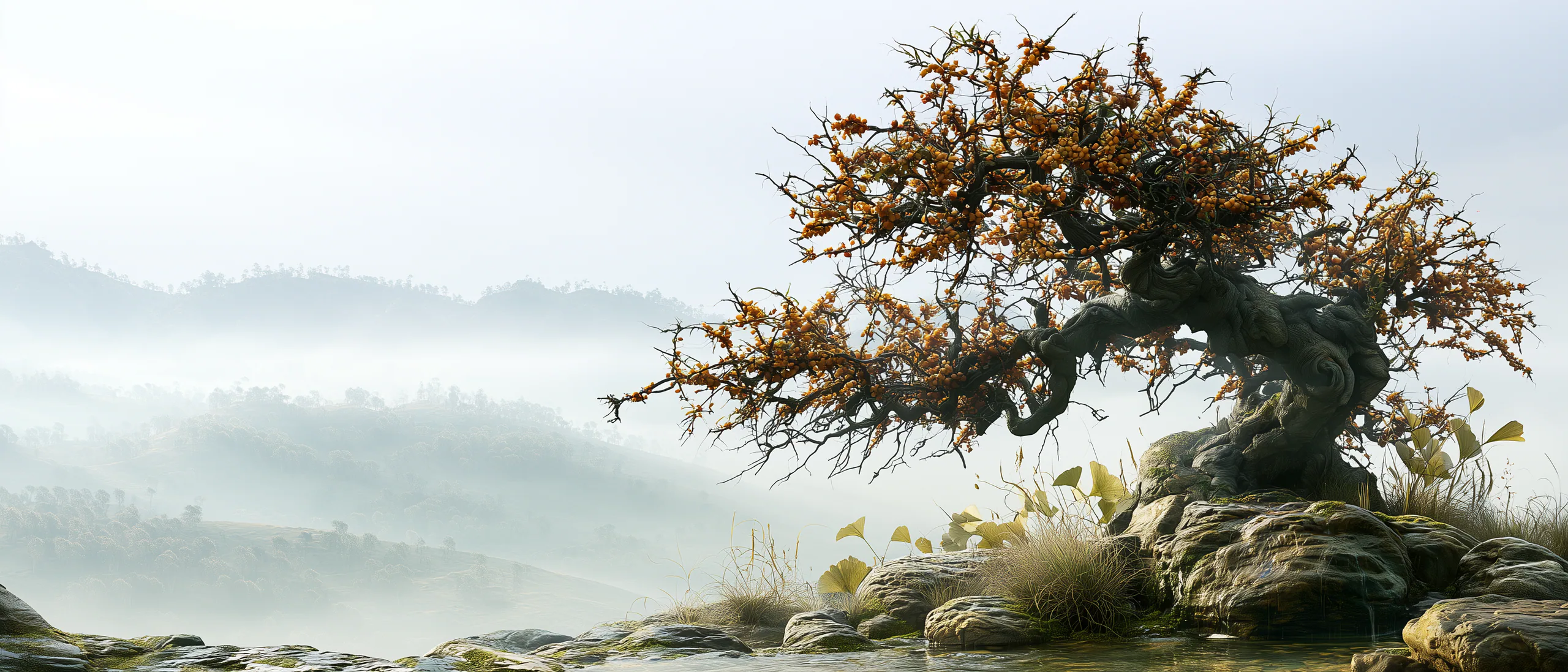 A sea-buckthorn tree with amber berries overlooking a misty plateau