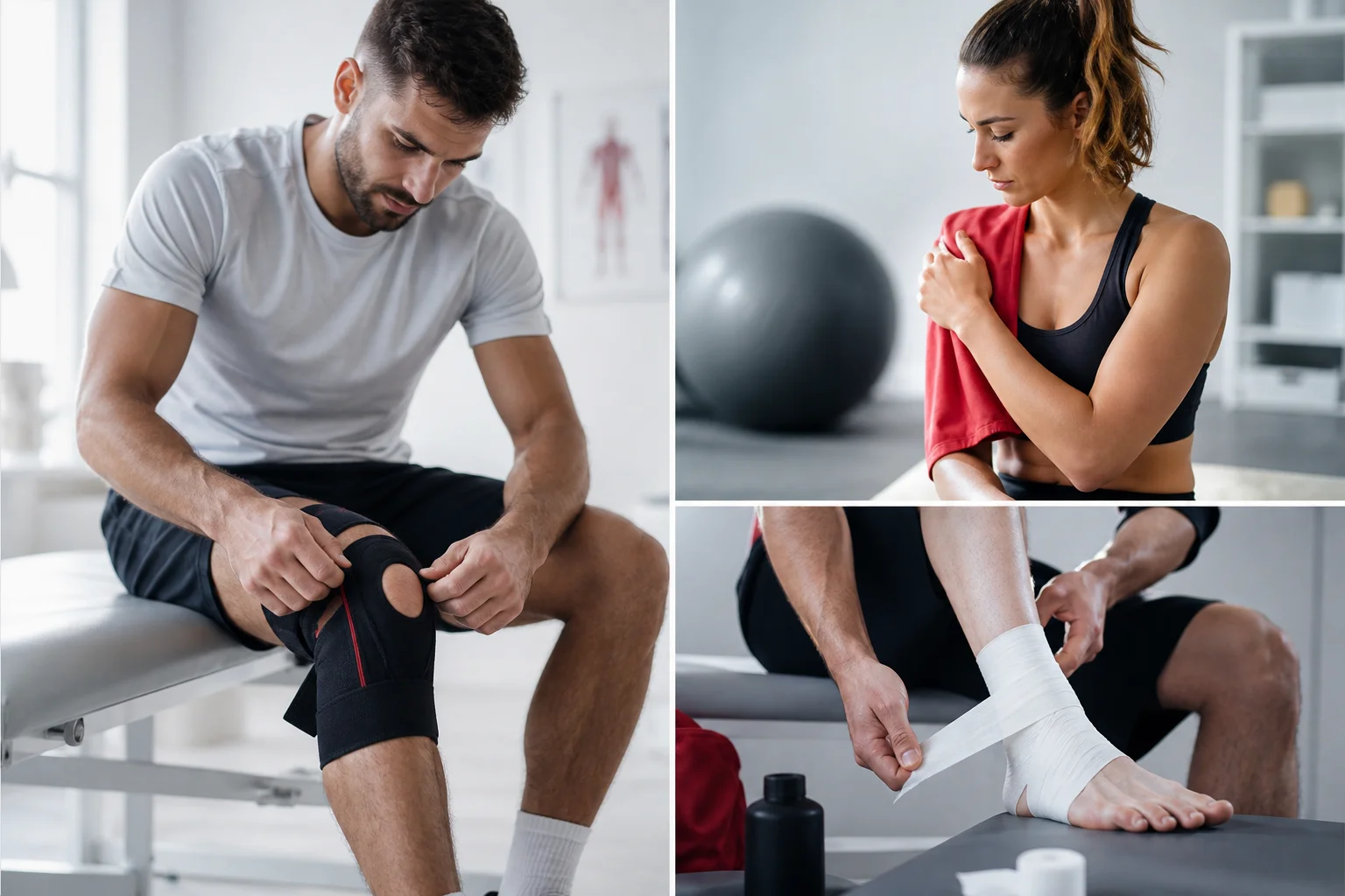 Knee brace, shoulder discomfort, and ankle taping — common athletic injury and recovery moments